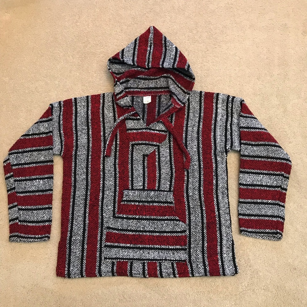 Mexican Blanket Sweater Baja Hoodie Size M Red Grey Outerwear Made In Mexico